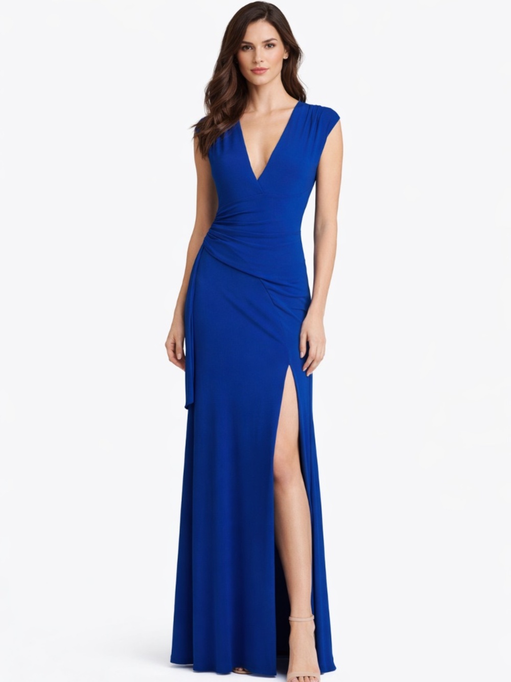 Betsy & Adam - Draped V-Neck Side Slit Gown